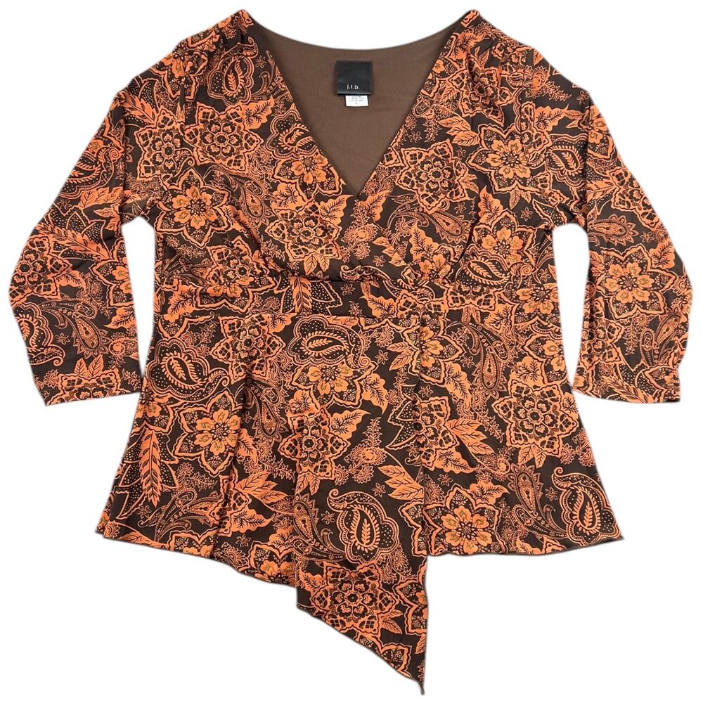 J.t.b. Brown Orange Floral Boho Top Peplum V-Neck Stretch Long Sleeve Y2K - L
